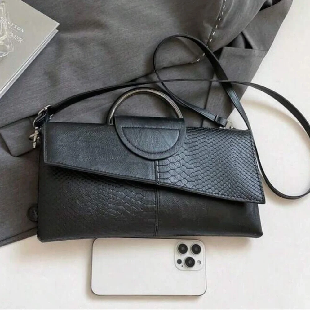 Black Textured Fold-Over Clutch Bag